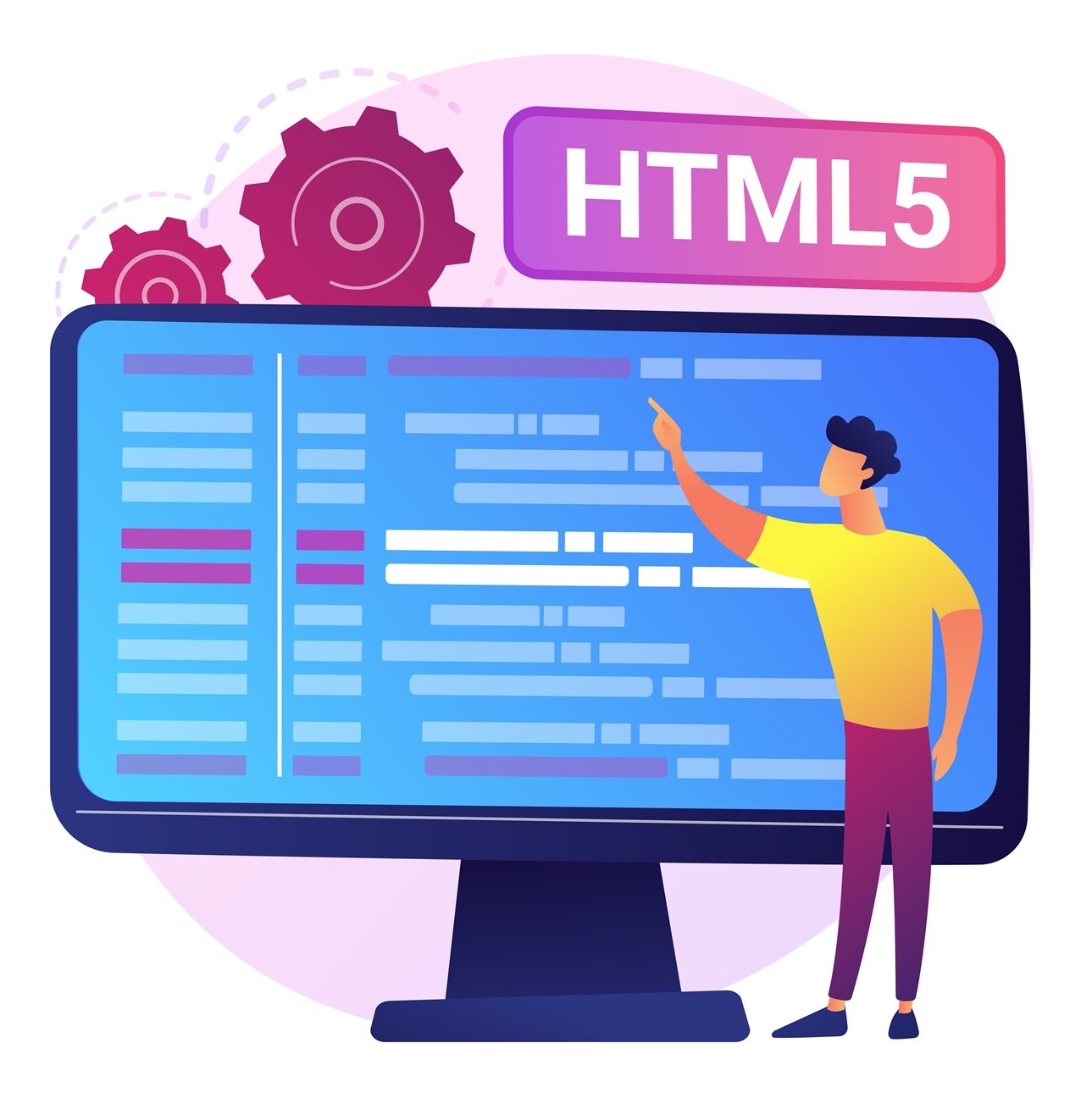 HTML5 programming. Internet website development, web application engineering, script writing. HTML code optimization, programmer fixing bugs. Vector isolated concept metaphor illustration